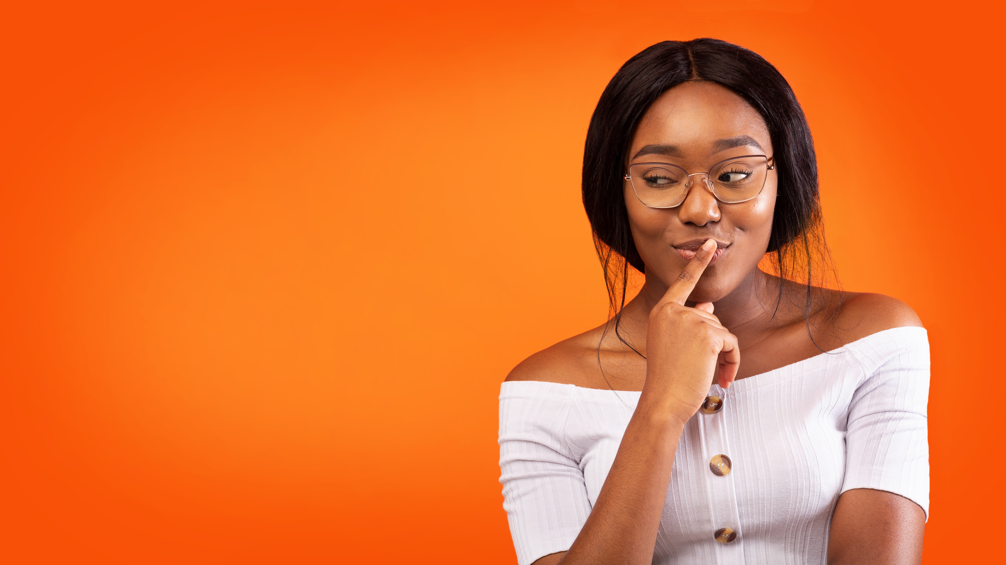 Afro Girl Thinking About Something Standing Over Orange Background, Panorama